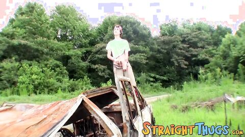 Cute straight guy Sean Johansen works on his dick in nature