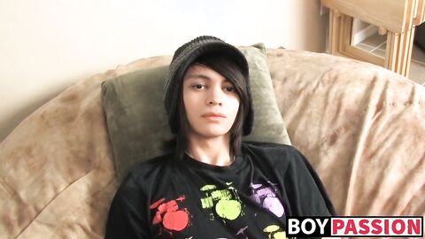 Skinny twink Roxy stuffs dildo and wanks off after interview