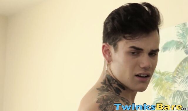 Tattooed twink in jockstrap rimmed and barebacked hard