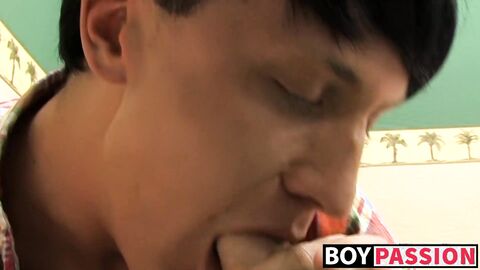 Bottom twink cums from anal riding his lovers big dick