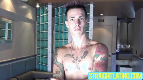 Inked guy Tattoo Boy strokes his cock intensely after a short photoshoot