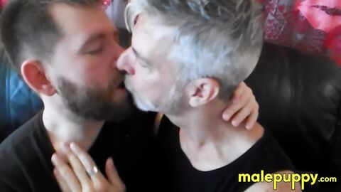 Gay bear cub Kaleb DeWulf has his smooth mouth open for kissing with Richard Lennox