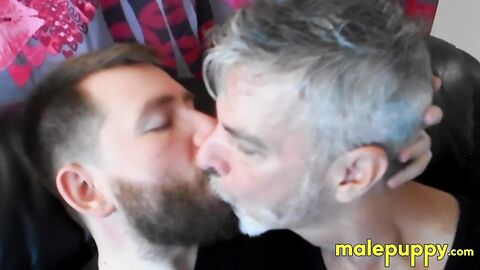 Gay bear cub Kaleb DeWulf has his smooth mouth open for kissing with Richard Lennox