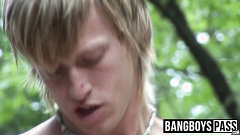 Horny twinks spitroast bareback threesome with big dick jock