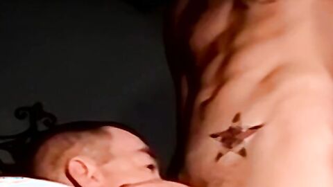 Inked marine blown by mature homo during stroking session