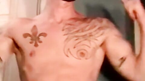Inked marine blown by mature homo during stroking session