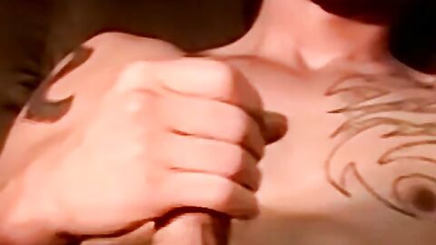 Inked marine blown by mature homo during stroking session