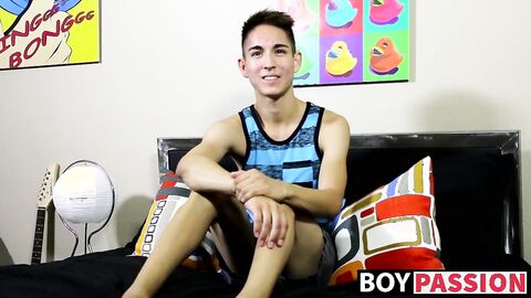 Young guy interviewed before he starts stroking on his rod