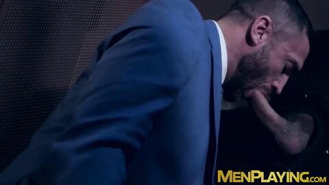 Classy hunk sucks a gloryhole cock before being hammered