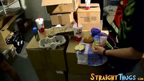 Skinny straight twinks jerk off together and cum on food