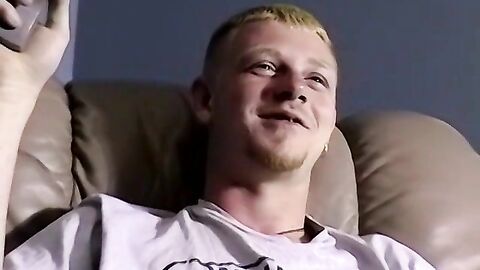 Blond amateur jerks off and cums in mature gays mouth