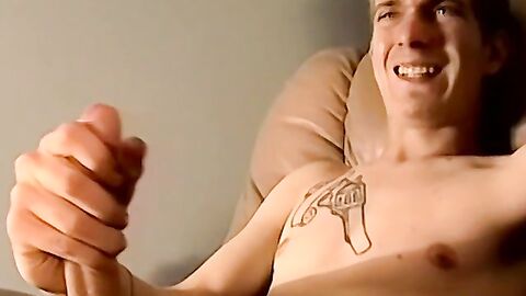Dirty blond showsoff his furry bush and working his dick up