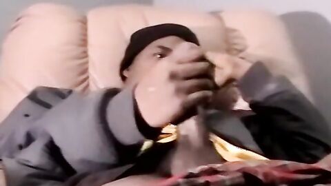 Straight black ghetto thug jerks off BBC and cum blasts solo
