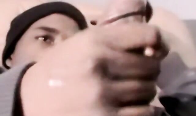 Straight black ghetto thug jerks off BBC and cum blasts solo