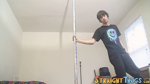 Pole dance show and jerk off with horny young straight stud