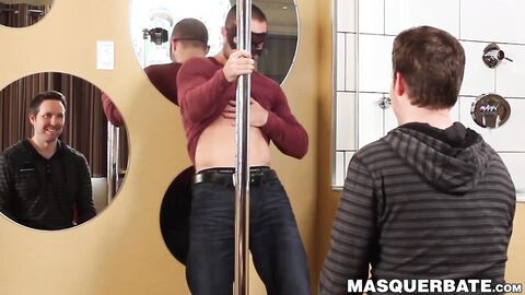Masked male stripper teases with his body and jacks off