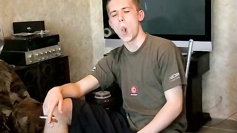 Softcore uncut cock jerking and smoking in the living room by horny Maxim
