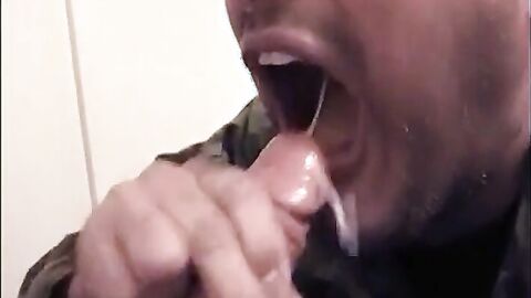 Big-Cock Blowjob in Naval Base: Amateur Military Boy Sucks and Swallows