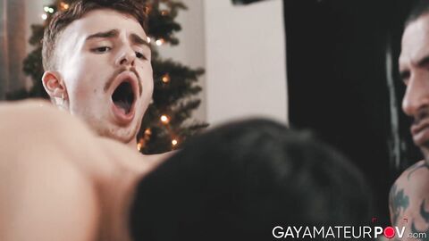 Hardcore threesome anal fucking on Christmas evening with hotties Derek Thibeau and R