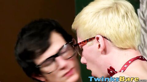 Geeky twinks bareback banging in wild foursome
