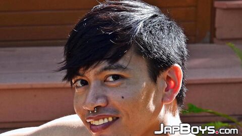 Japanese hottie with pierced cock teasing and playing around