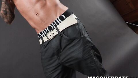 Muscular masked hunk jerks off his big erect cock solo