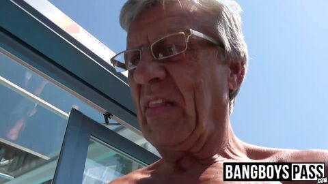 Pool party with old man blowing on some young dick for fun
