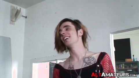 Goth amateur sucking a thick cock and chocking on wet balls