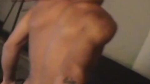 Handcuffed inked amateur solo jerking off his rock hard dick