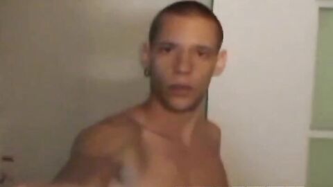 Handcuffed inked amateur solo jerking off his rock hard dick