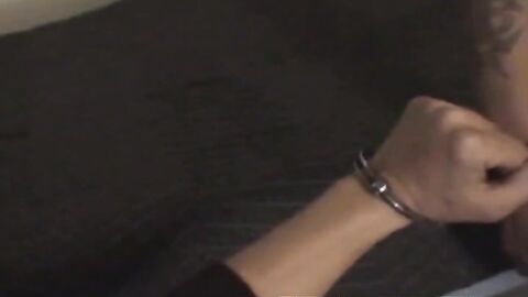 Handcuffed inked amateur solo jerking off his rock hard dick
