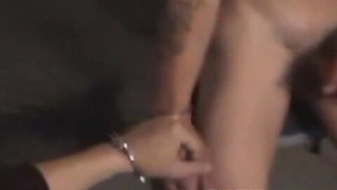 Handcuffed inked amateur solo jerking off his rock hard dick