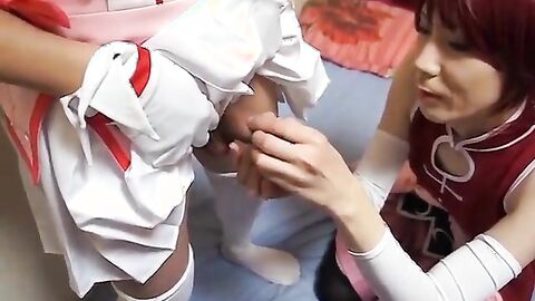 3 Japanese Crossdressers Jerk Off Together