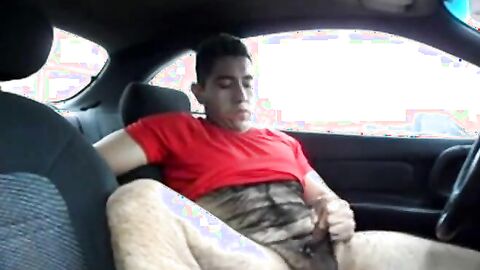 Hairy Latino Stud Strokes in His Car