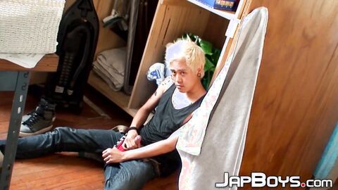 Blond Japanese twink toys with hole and strokes his dick