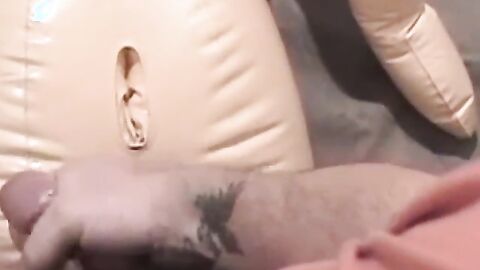 Glasses jock jerking off solo before pounding a sex doll