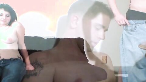 Amateur babe riding cock while sucking another in threesome